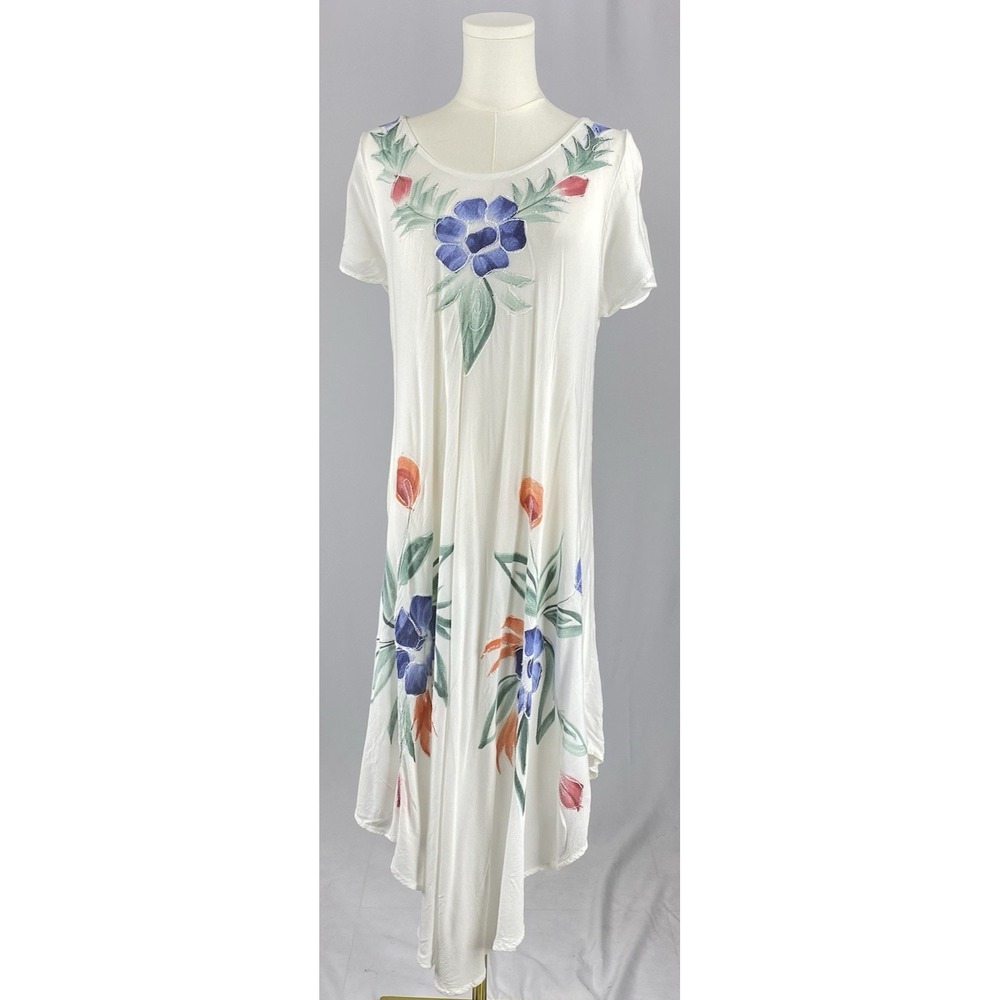 Sunflower Dress Womens Free Size White Floral Rayon Watercolor Painted Boho Midi